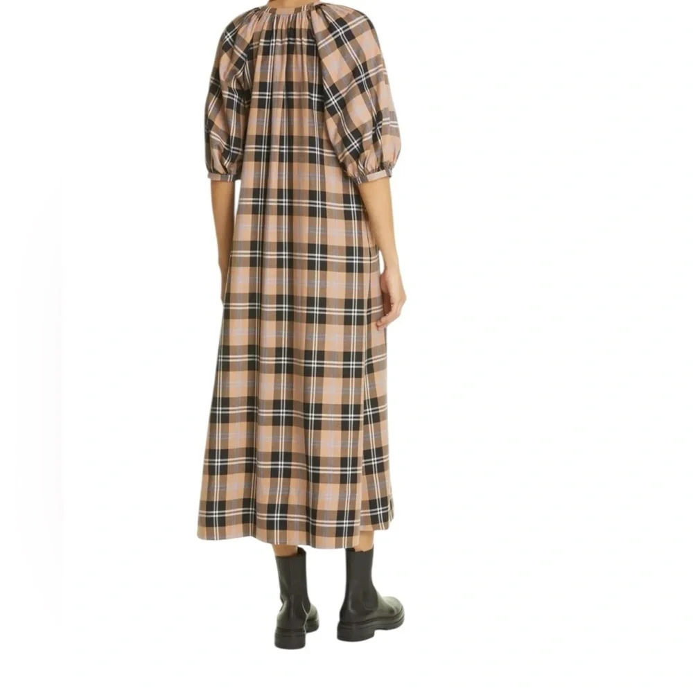 STAUD - Plaid Cotton Midi Dress Button Front Puff Sleeve Sz XS - Picture 2 of 9